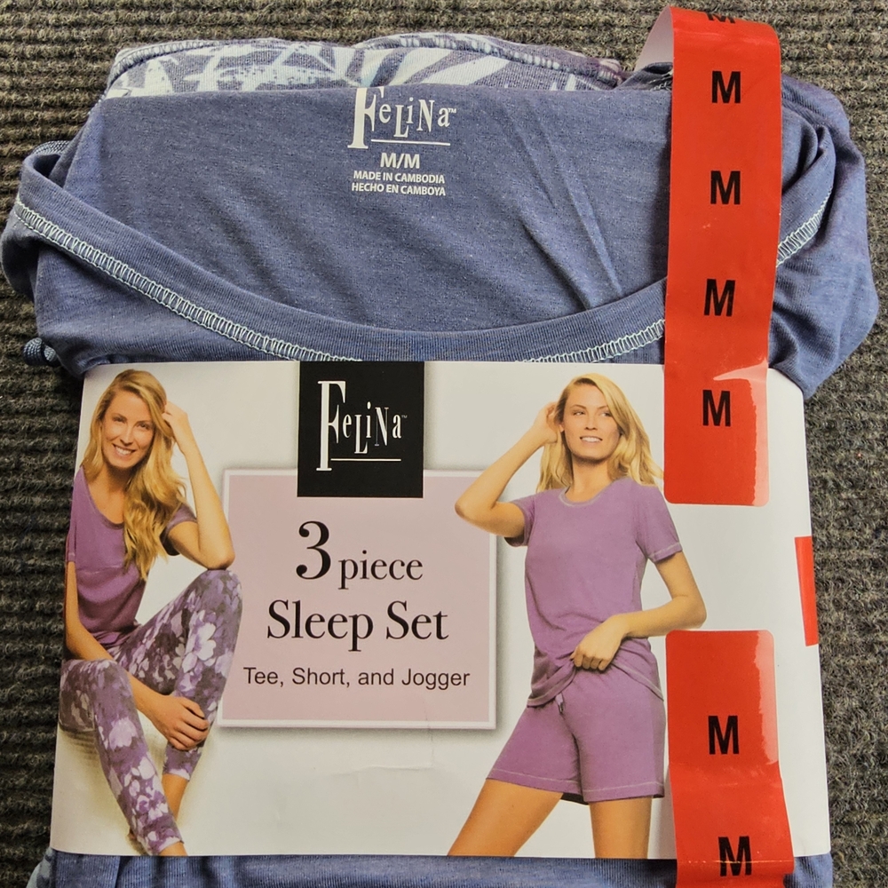 Felina Lavender 3-Piece Sleep Set - Tee, Shorts, Floral Jogger Womens Medium